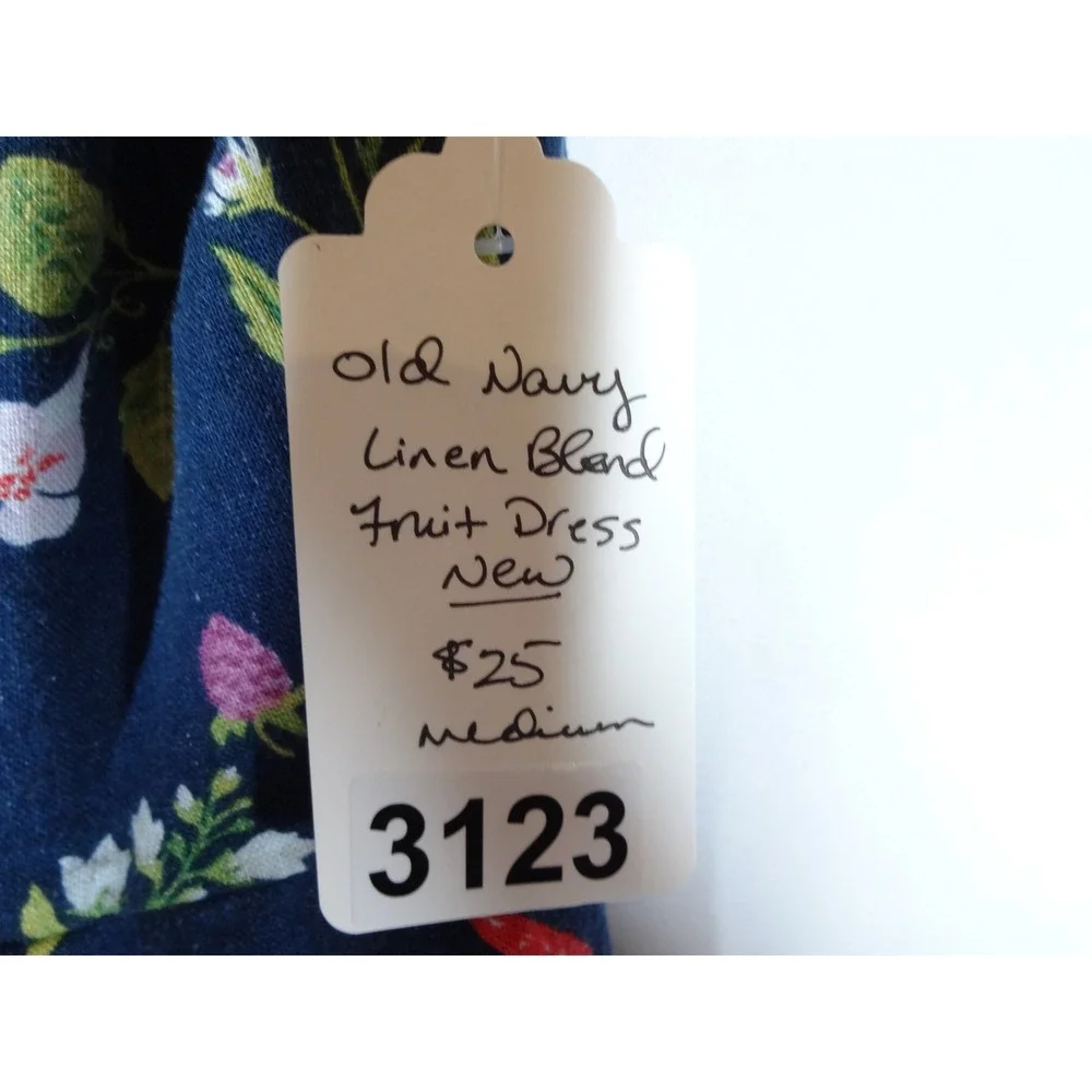Old Navy Fruit Print Dress Women Medium Navy Linen Blend Smocked Cottagecore NWT